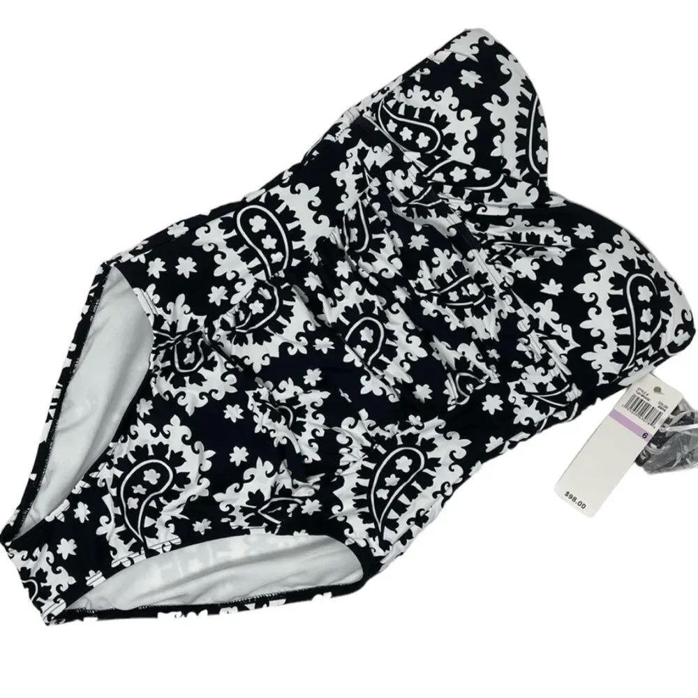 Anne Cole NWT Black & White Print One-Piece Swimsuit, Size 6, optional straps